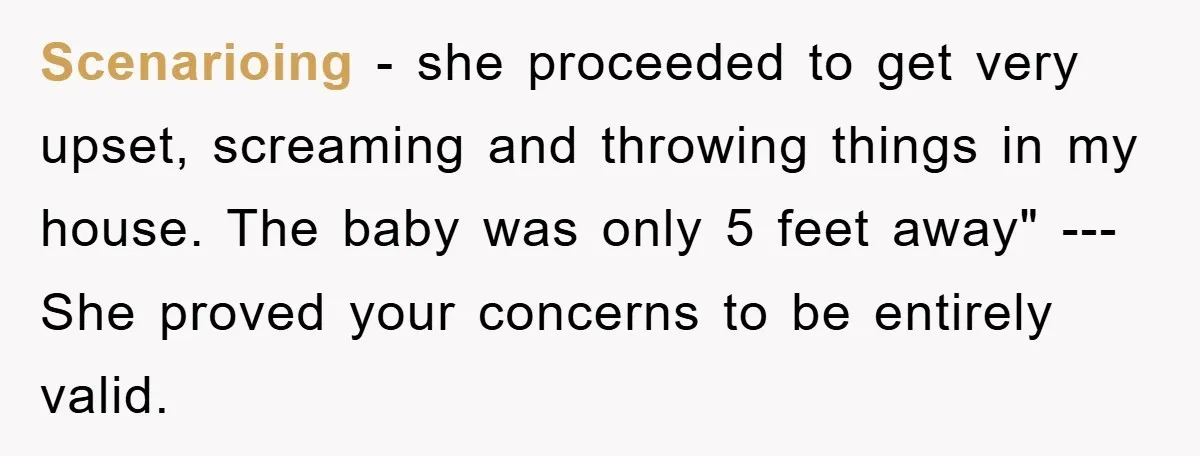 Scenarioing − she proceeded to get very upset, screaming and throwing things in my house. The baby was only 5 feet away" ---She proved your concerns to be entirely valid.
