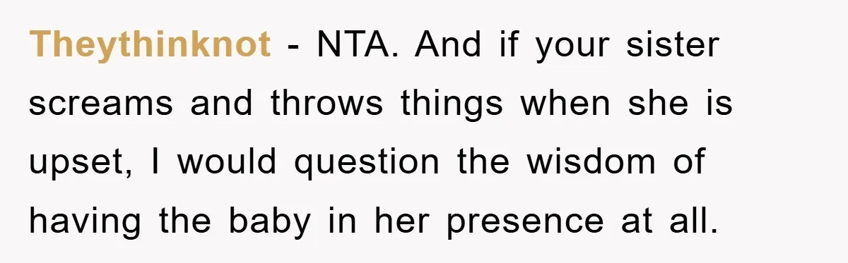 Theythinknot − NTA. And if your sister screams and throws things when she is upset, I would question the wisdom of having the baby in her presence at all.
