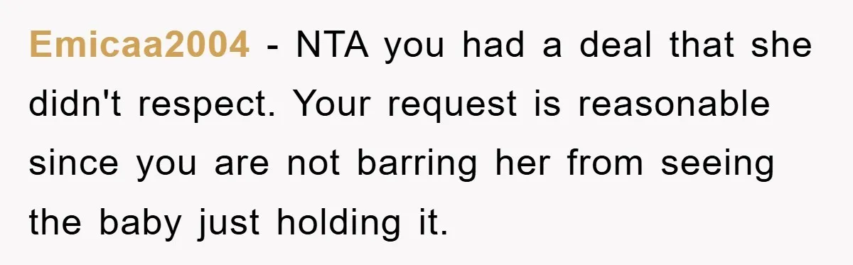 Emicaa2004 − NTA you had a deal that she didn't respect. Your request is reasonable since you are not barring her from seeing the baby just holding it.