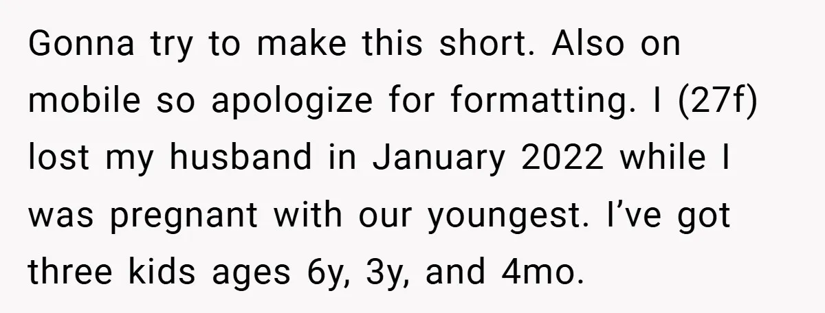Gonna try to make this short. Also on mobile so apologize for formatting. I (27f) lost my husband in January 2022 while I was pregnant with our youngest. I’ve got...