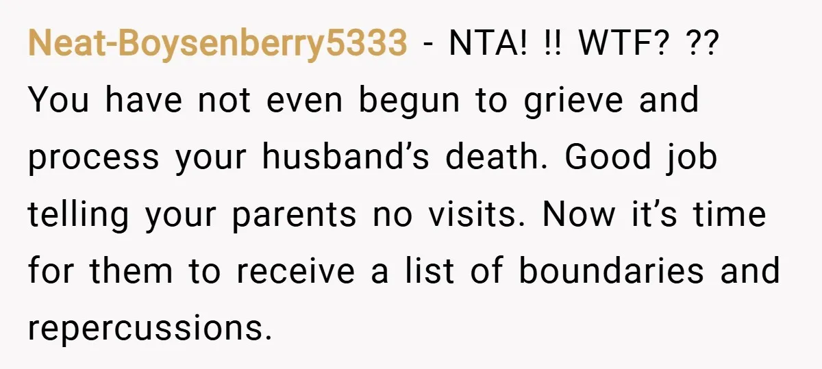 Neat-Boysenberry5333 − NTA! !! WTF? ?? You have not even begun to grieve and process your husband’s death. Good job telling your parents no visits. Now it’s time for them...