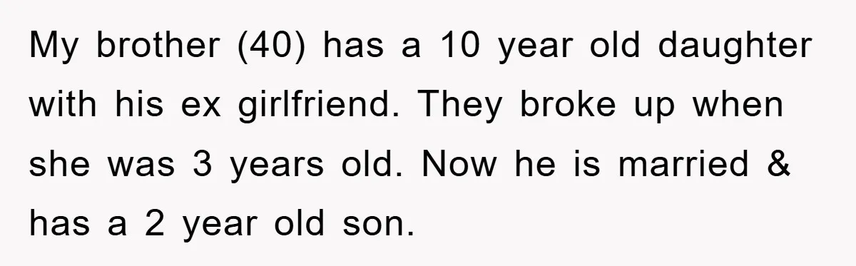 My brother (40) has a 10 year old daughter with his ex girlfriend. They broke up when she was 3 years old. Now he is married & has a 2...