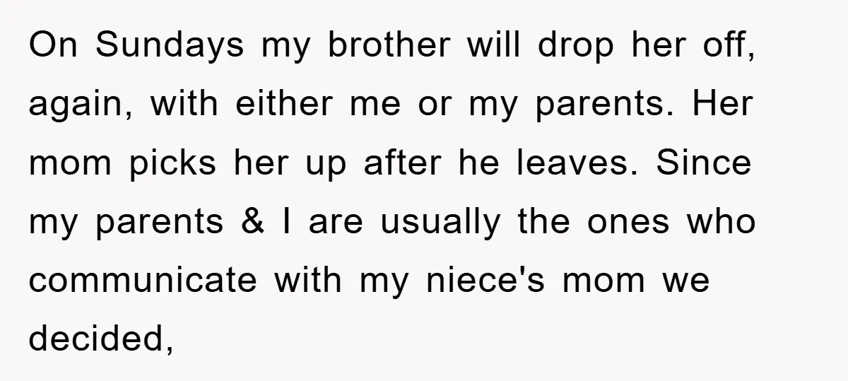 On Sundays my brother will drop her off, again, with either me or my parents. Her mom picks her up after he leaves. Since my parents & I are usually...
