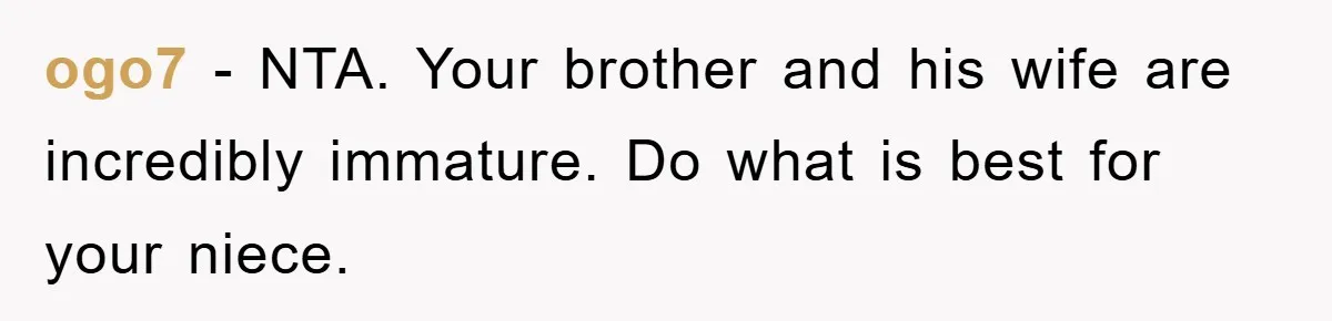 ogo7 − NTA. Your brother and his wife are incredibly immature. Do what is best for your niece.