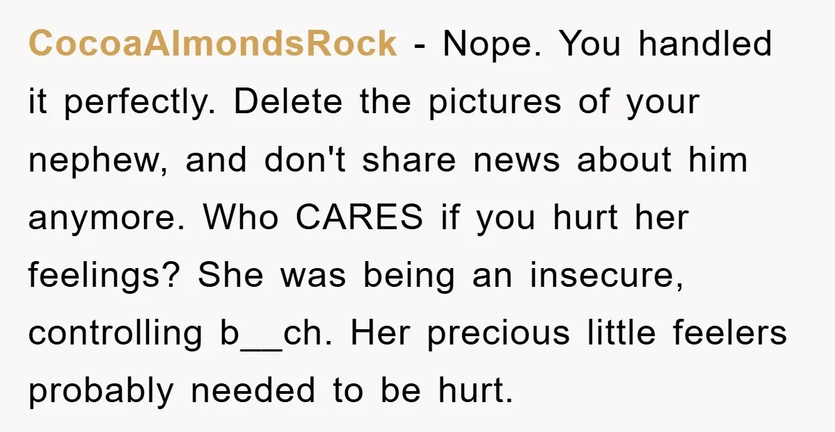 CocoaAlmondsRock − Nope. You handled it perfectly. Delete the pictures of your nephew, and don't share news about him anymore. Who CARES if you hurt her feelings? She was being...