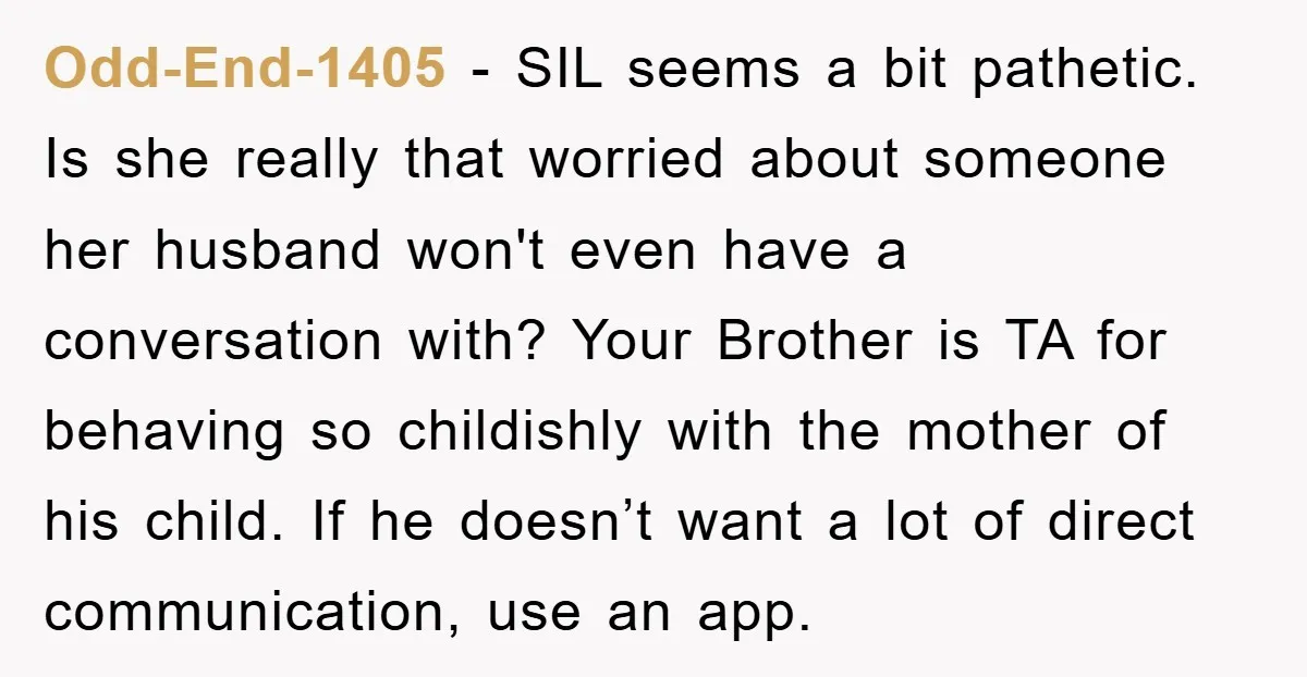Odd-End-1405 − SIL seems a bit pathetic. Is she really that worried about someone her husband won't even have a conversation with? Your Brother is TA for behaving so childishly...