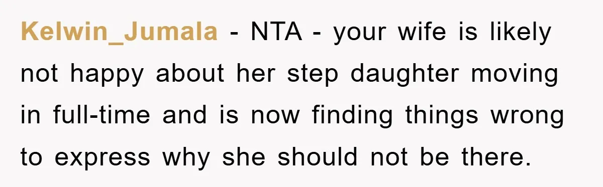 Kelwin_Jumala − NTA - your wife is likely not happy about her step daughter moving in full-time and is now finding things wrong to express why she should not be...