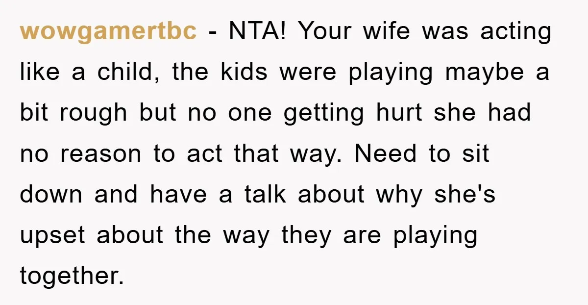wowgamertbc − NTA! Your wife was acting like a child, the kids were playing maybe a bit rough but no one getting hurt she had no reason to act that...
