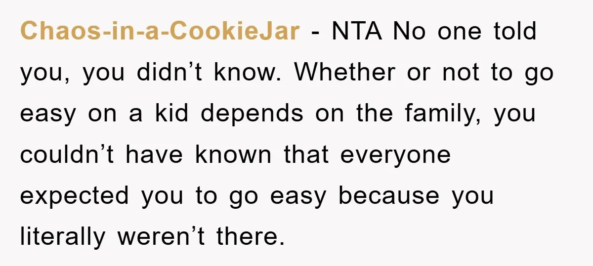 Chaos-in-a-CookieJar − NTA No one told you, you didn’t know. Whether or not to go easy on a kid depends on the family, you couldn’t have known that everyone expected...