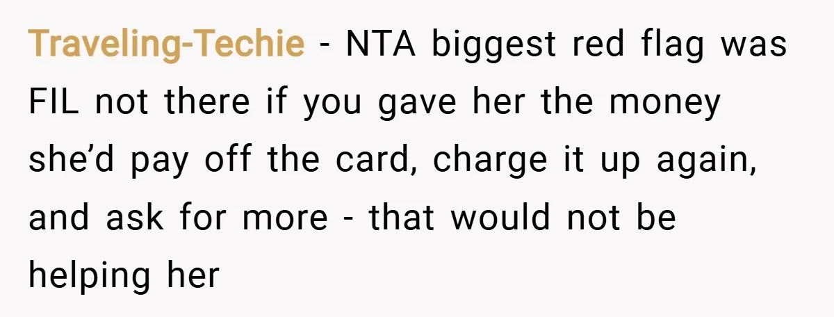 Traveling-Techie − NTA biggest red flag was FIL not there if you gave her the money she’d pay off the card, charge it up again, and ask for more -...