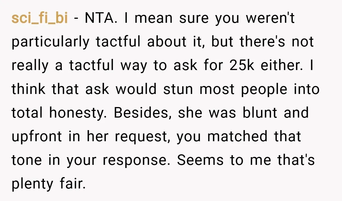 sci_fi_bi − NTA. I mean sure you weren't particularly tactful about it, but there's not really a tactful way to ask for 25k either. I think that ask would stun...