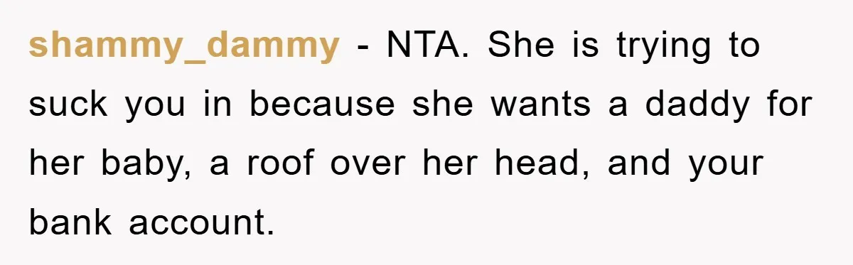 shammy_dammy − NTA. She is trying to suck you in because she wants a daddy for her baby, a roof over her head, and your bank account.