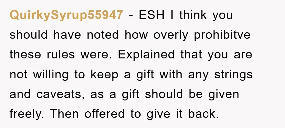 QuirkySyrup55947 − ESH I think you should have noted how overly prohibitve these rules were. Explained that you are not willing to keep a gift with any strings and caveats,...
