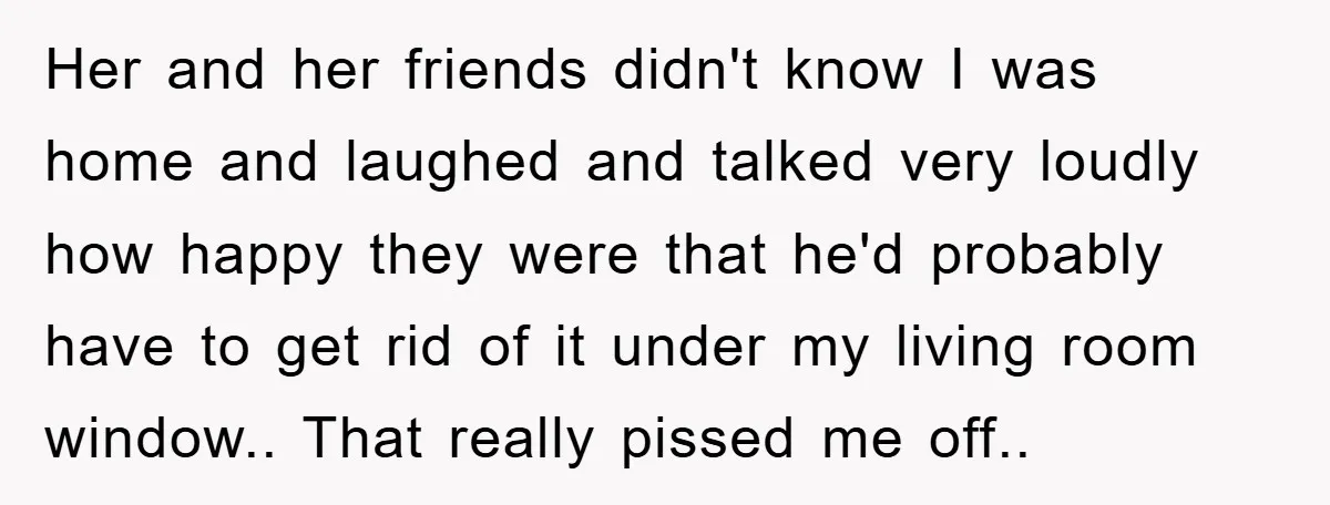 Her and her friends didn't know I was home and laughed and talked very loudly how happy they were that he'd probably have to get rid of it under my...