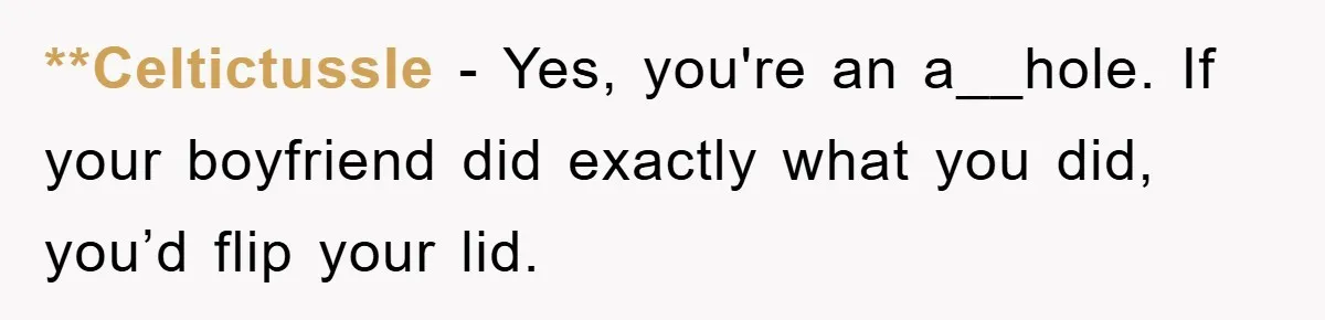**Celtictussle − Yes, you're an a__hole. If your boyfriend did exactly what you did, you’d flip your lid.