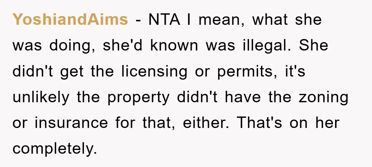 YoshiandAims − NTA I mean, what she was doing, she'd known was illegal. She didn't get the licensing or permits, it's unlikely the property didn't have the zoning or insurance...