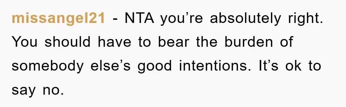 missangel21 − NTA you’re absolutely right. You should have to bear the burden of somebody else’s good intentions. It’s ok to say no.