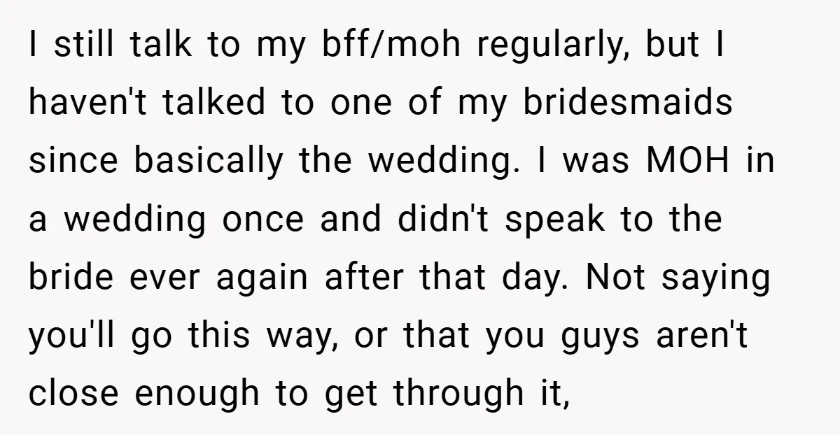 I still talk to my bff/moh regularly, but I haven't talked to one of my bridesmaids since basically the wedding. I was MOH in a wedding once and didn't speak...