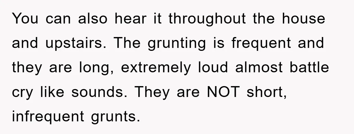 You can also hear it throughout the house and upstairs. The grunting is frequent and they are long, extremely loud almost battle cry like sounds. They are NOT short, infrequent...