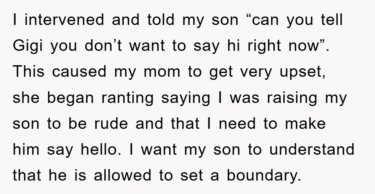 I intervened and told my son “can you tell Gigi you don’t want to say hi right now”. This caused my mom to get very upset, she began ranting saying...