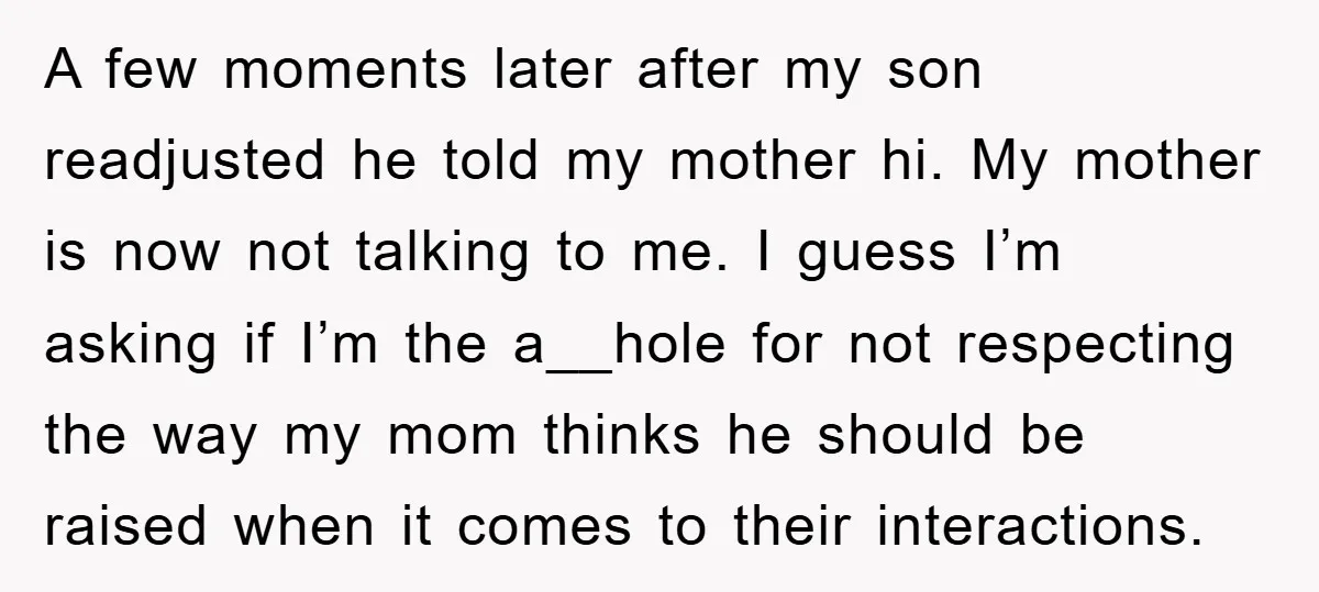 A few moments later after my son readjusted he told my mother hi. My mother is now not talking to me. I guess I’m asking if I’m the a__hole for...