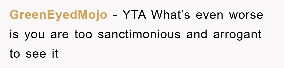 GreenEyedMojo − YTA What’s even worse is you are too sanctimonious and arrogant to see it