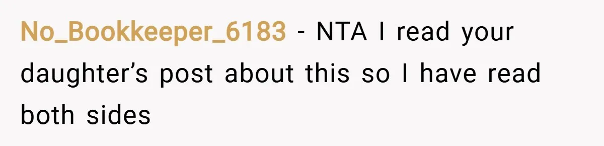 No_Bookkeeper_6183 − NTA I read your daughter’s post about this so I have read both sides