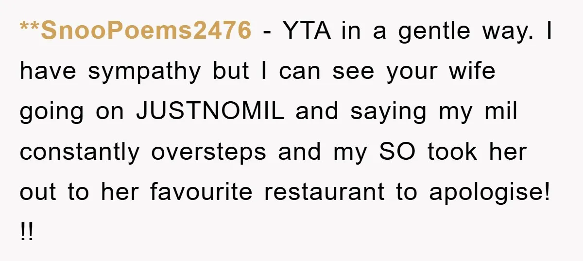 **SnooPoems2476 − YTA in a gentle way. I have sympathy but I can see your wife going on JUSTNOMIL and saying my mil constantly oversteps and my SO took her...