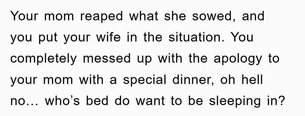 Your mom reaped what she sowed, and you put your wife in the situation. You completely messed up with the apology to your mom with a special dinner, oh hell...