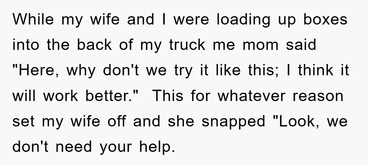 While my wife and I were loading up boxes into the back of my truck me mom said "Here, why don't we try it like this; I think it will...
