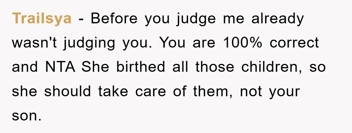 Trailsya − Before you judge me already wasn't judging you. You are 100% correct and NTA She birthed all those children, so she should take care of them, not your...