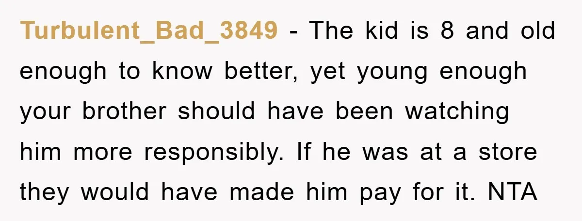 Turbulent_Bad_3849 − The kid is 8 and old enough to know better, yet young enough your brother should have been watching him more responsibly. If he was at a store...
