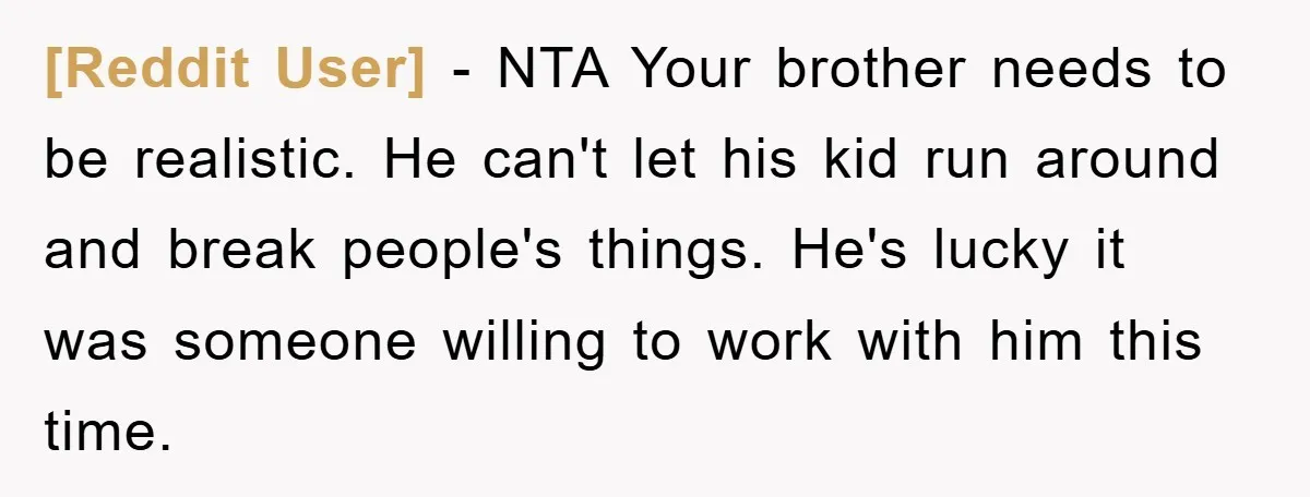 [Reddit User] − NTA Your brother needs to be realistic. He can't let his kid run around and break people's things. He's lucky it was someone willing to work with...