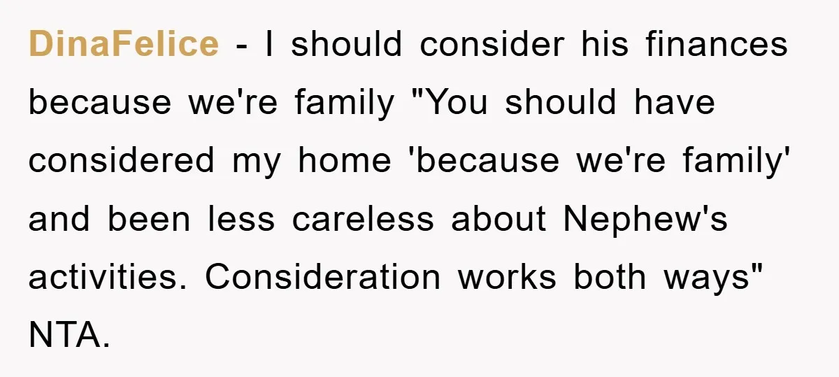 DinaFelice − I should consider his finances because we're family "You should have considered my home 'because we're family' and been less careless about Nephew's activities. Consideration works both ways"...
