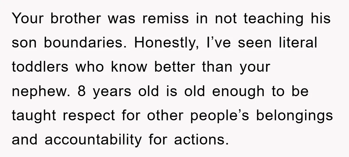 Your brother was remiss in not teaching his son boundaries. Honestly, I’ve seen literal toddlers who know better than your nephew. 8 years old is old enough to be taught...