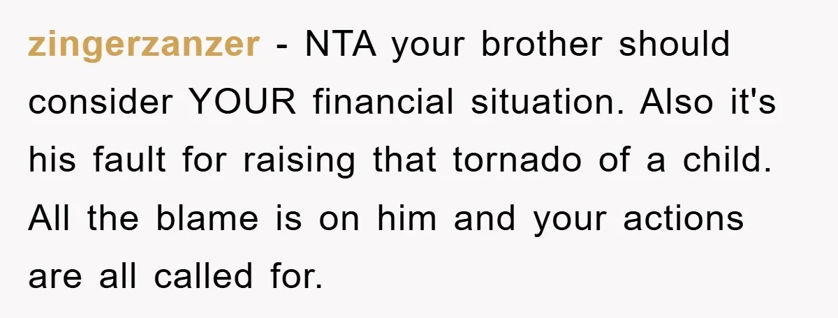 zingerzanzer − NTA your brother should consider YOUR financial situation. Also it's his fault for raising that tornado of a child. All the blame is on him and your actions...