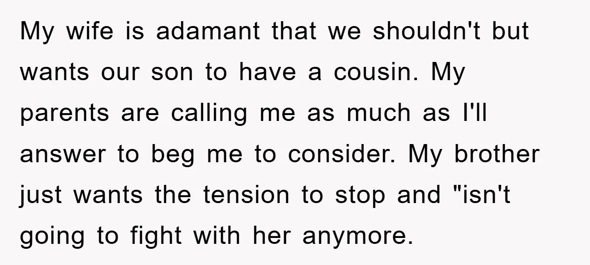 My wife is adamant that we shouldn't but wants our son to have a cousin. My parents are calling me as much as I'll answer to beg me to consider....