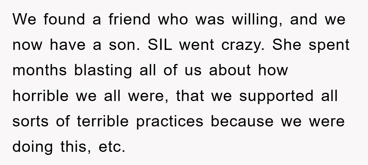 We found a friend who was willing, and we now have a son. SIL went crazy. She spent months blasting all of us about how horrible we all were, that...