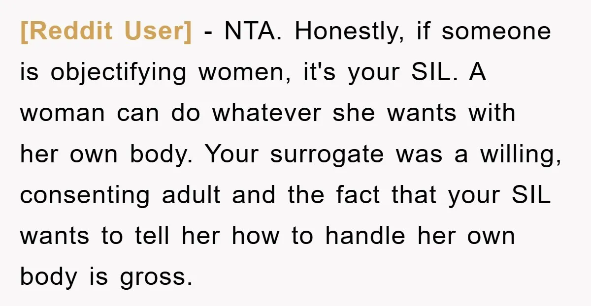 [Reddit User] − NTA. Honestly, if someone is objectifying women, it's your SIL. A woman can do whatever she wants with her own body. Your surrogate was a willing, consenting...