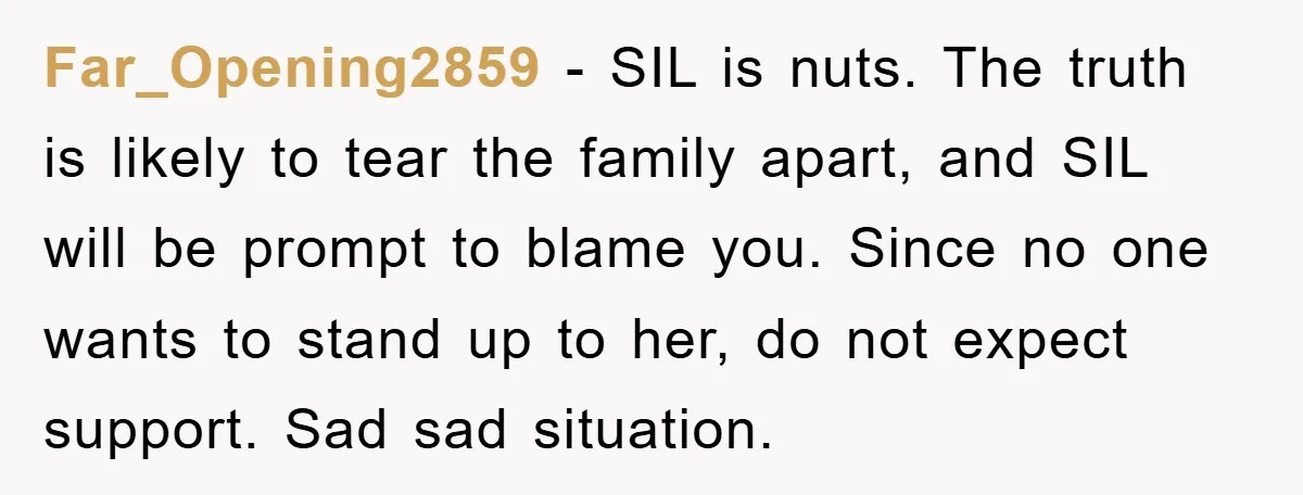 Far_Opening2859 − SIL is nuts. The truth is likely to tear the family apart, and SIL will be prompt to blame you. Since no one wants to stand up to...