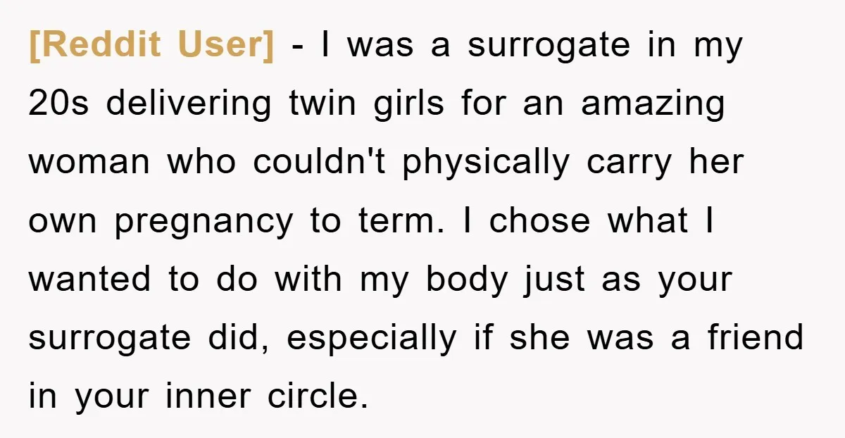 [Reddit User] − I was a surrogate in my 20s delivering twin girls for an amazing woman who couldn't physically carry her own pregnancy to term. I chose what I...