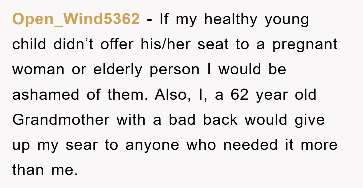 Open_Wind5362 − If my healthy young child didn’t offer his/her seat to a pregnant woman or elderly person I would be ashamed of them. Also, I, a 62 year old...
