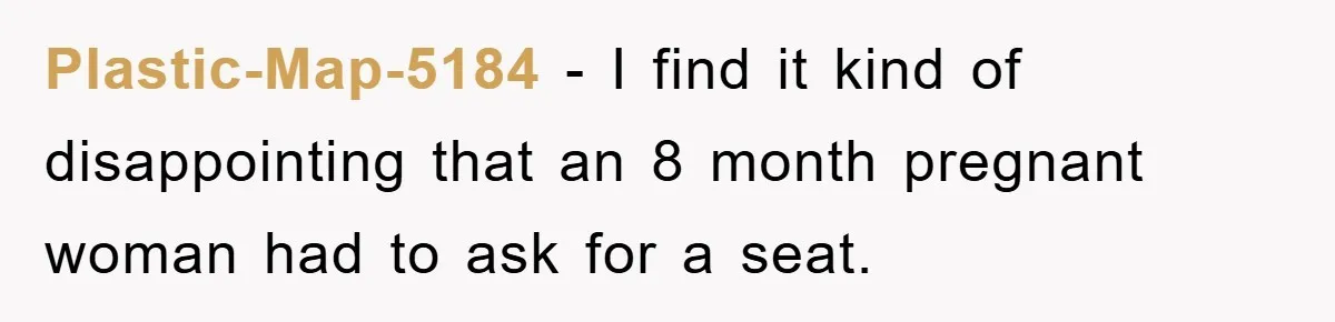 Plastic-Map-5184 − I find it kind of disappointing that an 8 month pregnant woman had to ask for a seat.