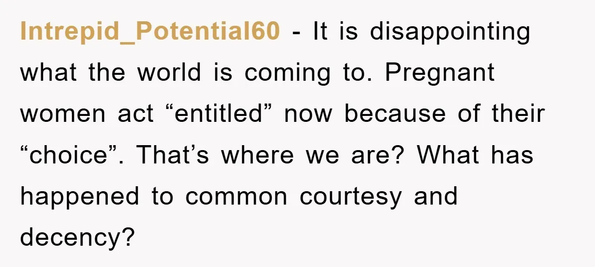 Intrepid_Potential60 − It is disappointing what the world is coming to. Pregnant women act “entitled” now because of their “choice”. That’s where we are? What has happened to common courtesy...