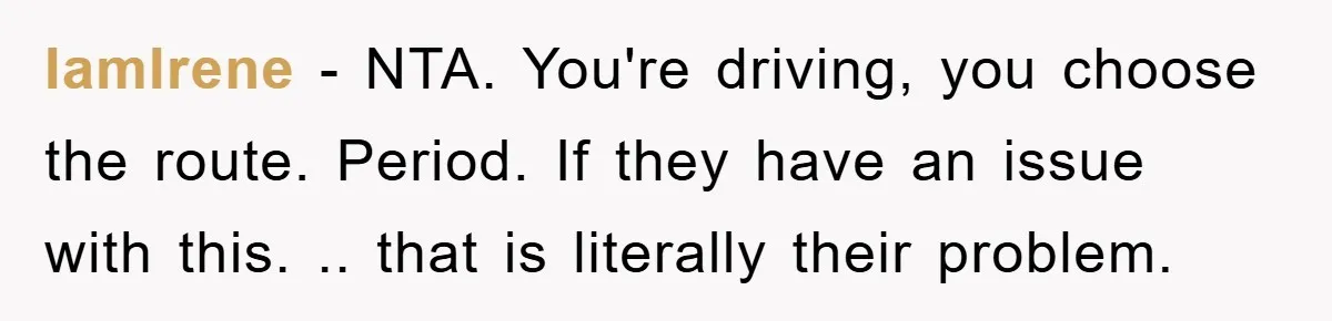 IamIrene − NTA. You're driving, you choose the route. Period. If they have an issue with this. .. that is literally their problem.