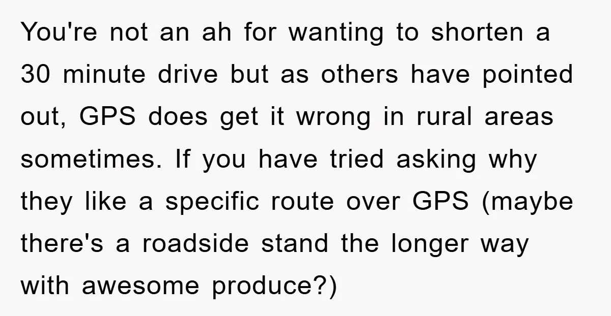 You're not an ah for wanting to shorten a 30 minute drive but as others have pointed out, GPS does get it wrong in rural areas sometimes. If you have...