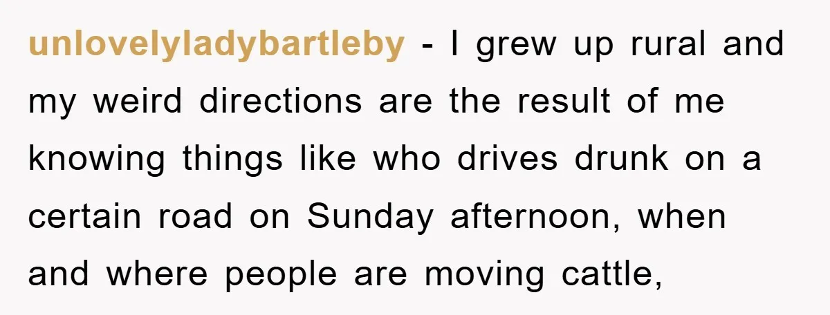 unlovelyladybartleby − I grew up rural and my weird directions are the result of me knowing things like who drives drunk on a certain road on Sunday afternoon, when and...