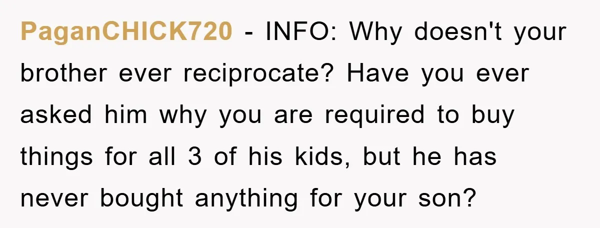 PaganCHICK720 − INFO: Why doesn't your brother ever reciprocate? Have you ever asked him why you are required to buy things for all 3 of his kids, but he has...