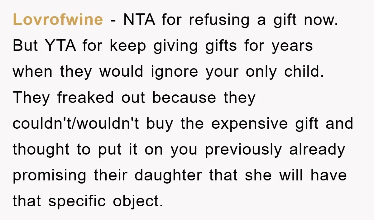 Lovrofwine − NTA for refusing a gift now. But YTA for keep giving gifts for years when they would ignore your only child. They freaked out because they couldn't/wouldn't buy...