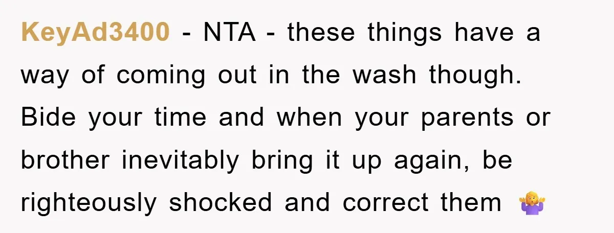 KeyAd3400 − NTA - these things have a way of coming out in the wash though. Bide your time and when your parents or brother inevitably bring it up again,...